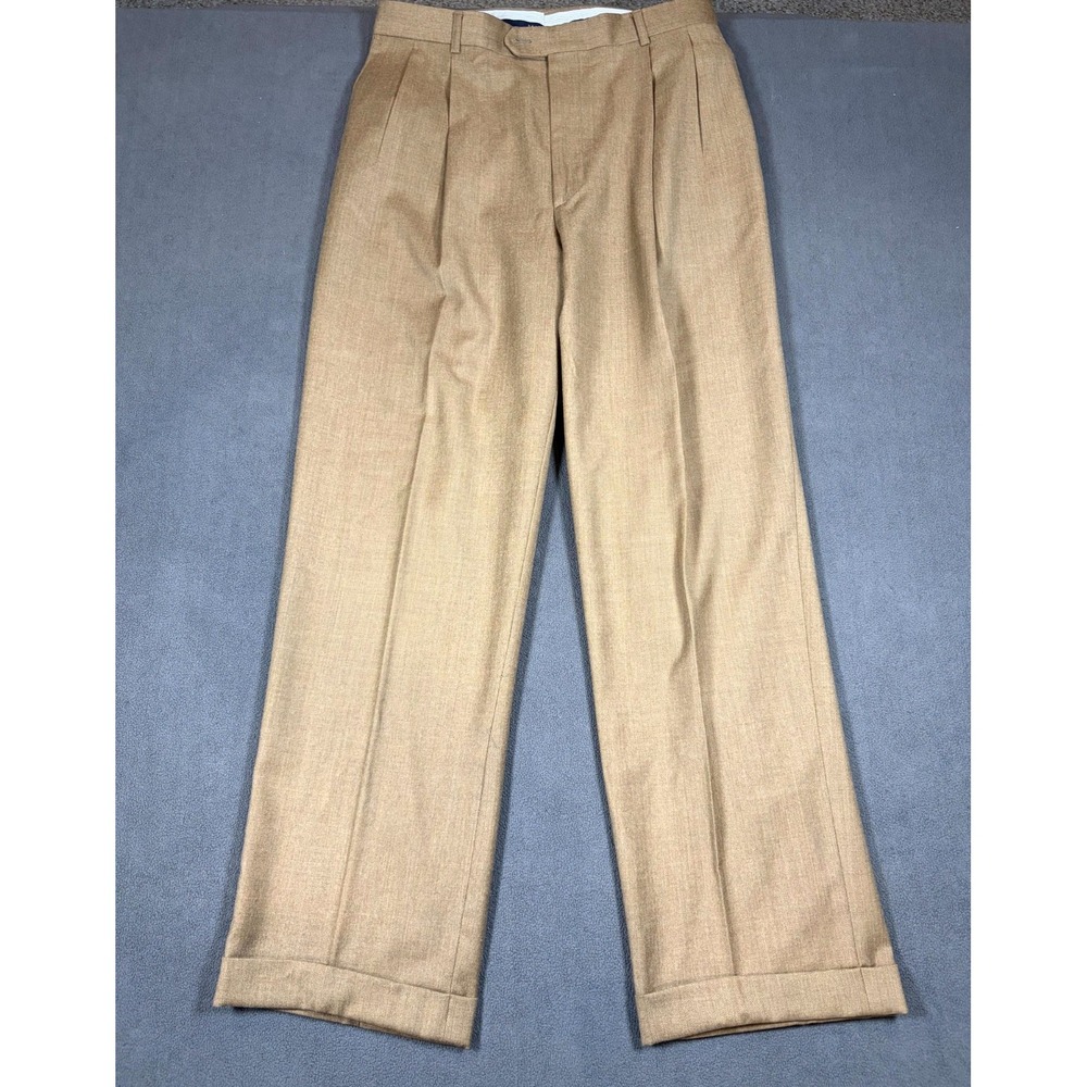 Grant Thomas Dress Pants Men's 38 Khaki Wool Pleated Cuffed Hem Formal Business